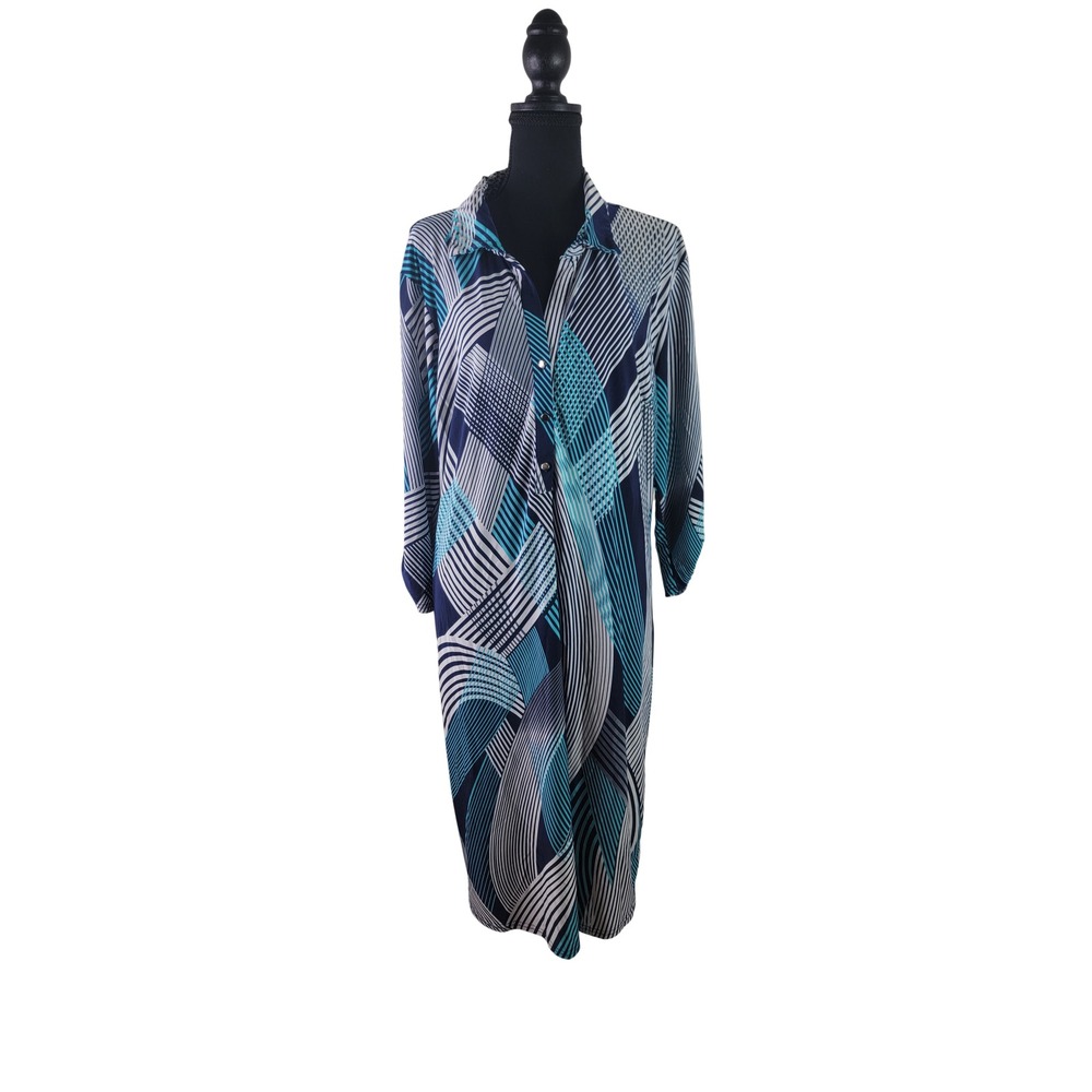 Mlle Gabrielle Womens 2X Blue Geometric Abstract Print Button Down Shirt Dress - Picture 2 of 4